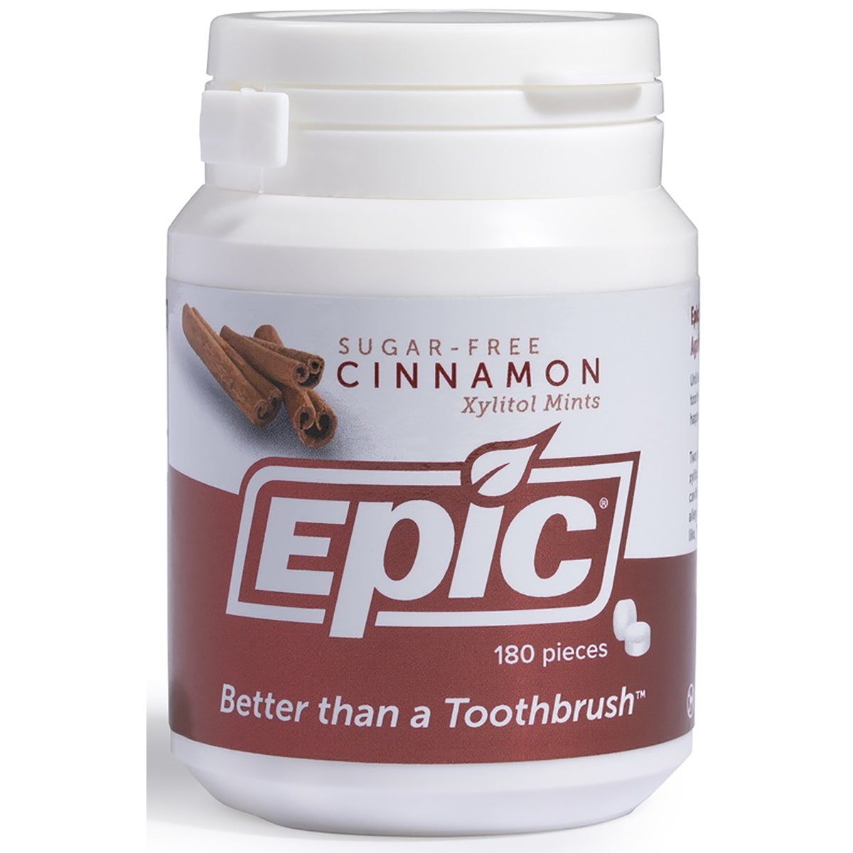 EPI010 | White bottle of Epic sugar-free cinnamon xylitol mints showing front label and 180 pieces