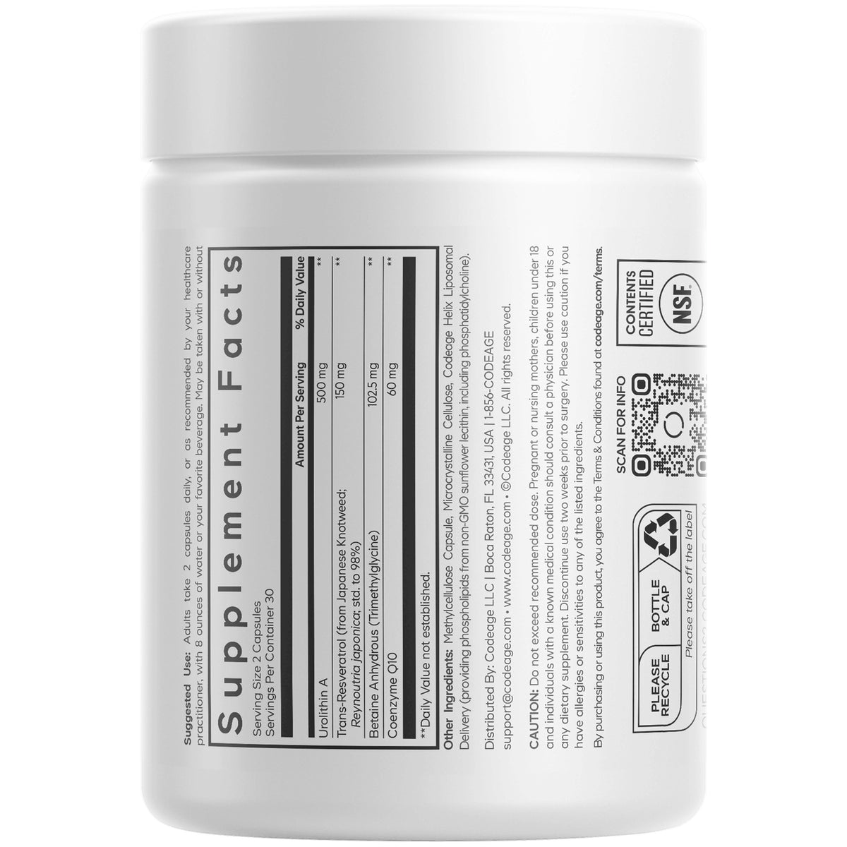 CDG020 | white supplement jar showing back label with Supplement Facts table, QR code, and recycle icons