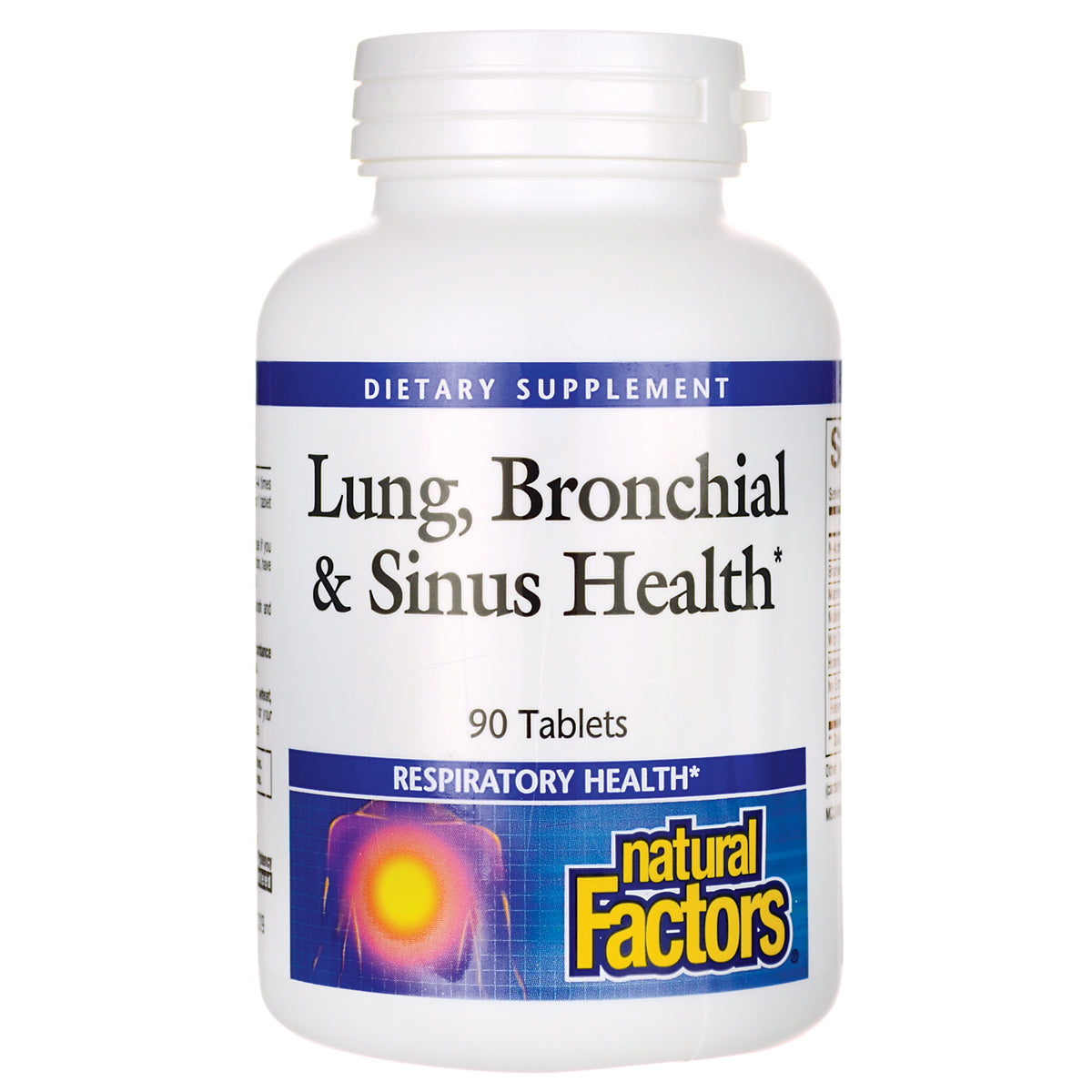 NFC032 | White bottle of Natural Factors Lung, Bronchial & Sinus Health 90 Tablets front label