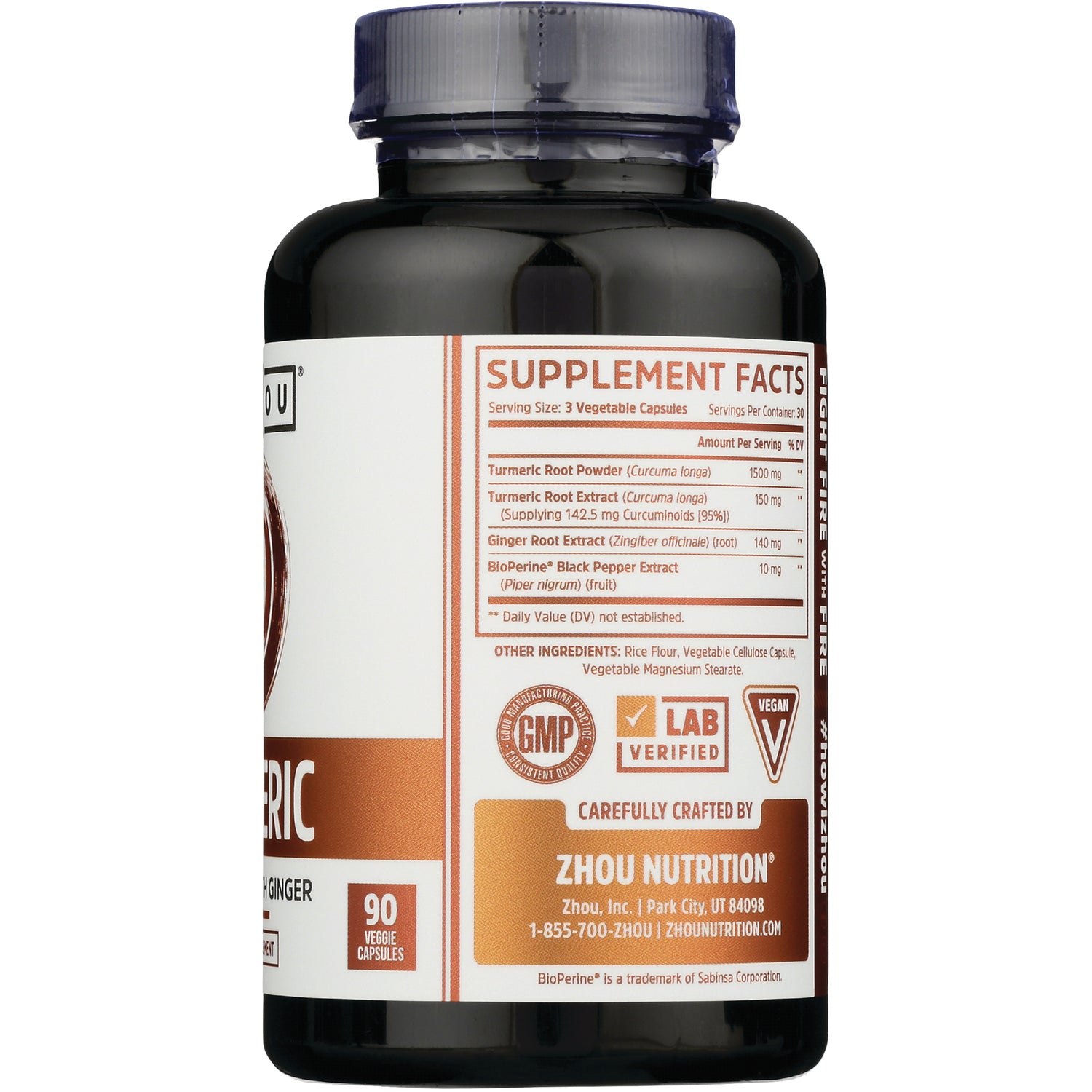 ZOU017 | Supplement Facts panel on Zhou Nutrition turmeric and ginger capsules bottle, 90 veggie capsules