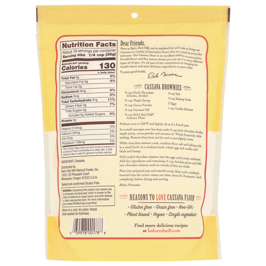 BOB269 | back of yellow cassava flour pouch showing nutrition facts, ingredient list, barcode and cassava brownies recipe - Thumbnail