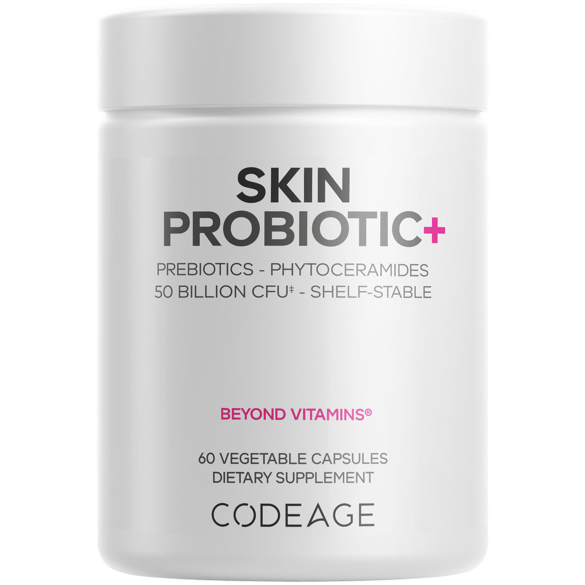 CDG053 | White bottle labeled SKIN PROBIOTIC+ dietary supplement, 60 vegetable capsules, CODEAGE front view