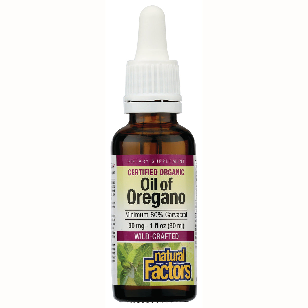NFC075 | amber dropper bottle of Natural Factors Certified Organic Oil of Oregano, 1 fl oz labeled Minimum 80% Carvacrol