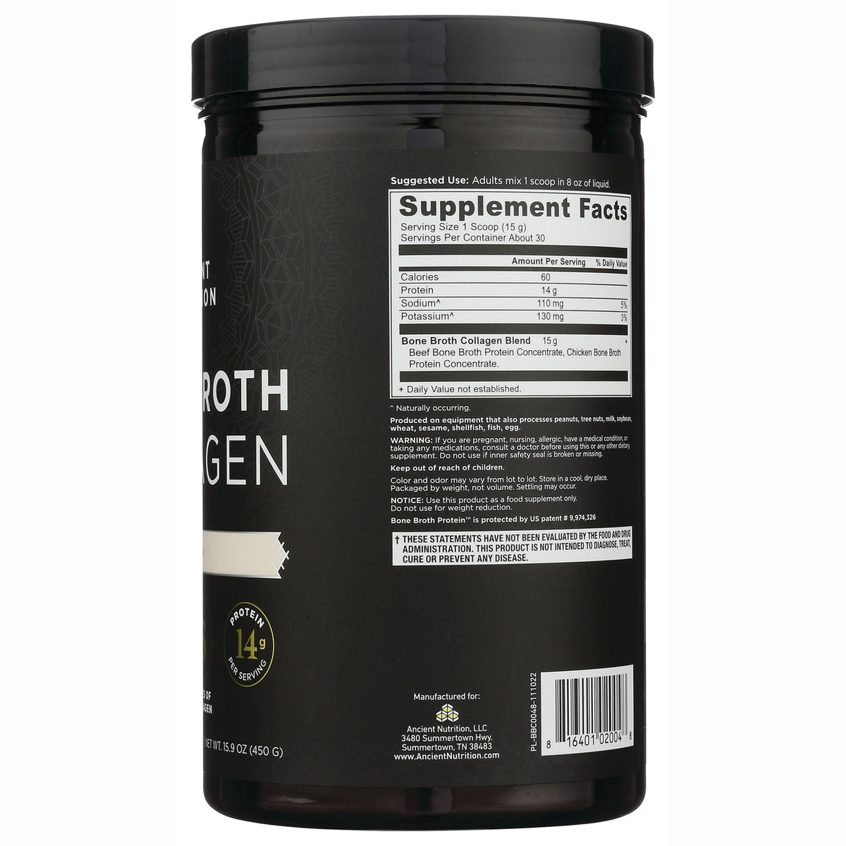 ATN014 | Back label showing Supplement Facts panel, nutrition facts text and barcode on black collagen container