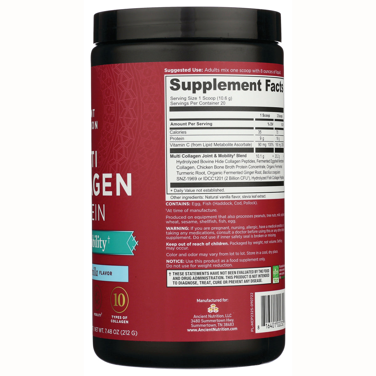 ATN049 | Supplement Facts panel, ingredients and warning text on the back of a red collagen powder tub