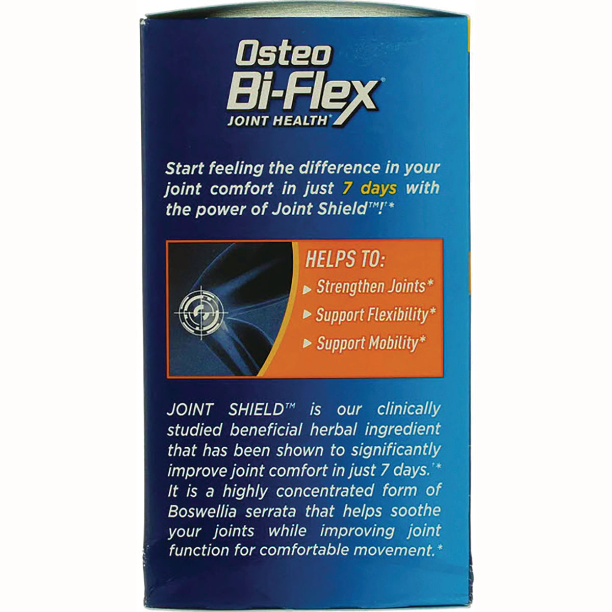 OBF007 | Osteo Bi-Flex product infographic panel listing helps to strengthen joints, support flexibility and support mobility