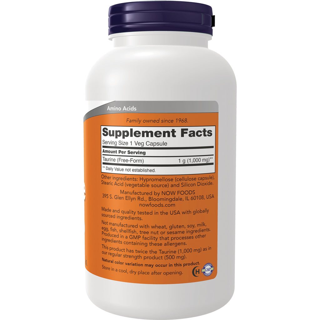 NWF1107 | Supplement facts and ingredient panel on white bottle showing Taurine 1 g per serving and manufacturer info - Thumbnail
