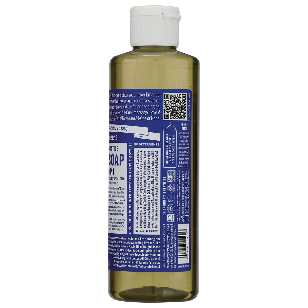 DRB009 | Back of clear bottle with blue product label showing ingredients, QR code, and barcode