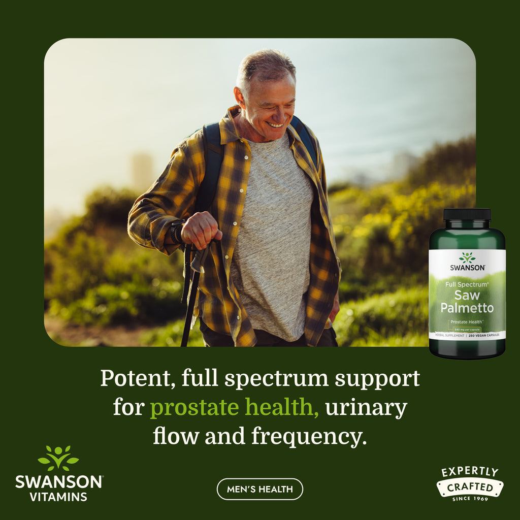SW910 | Swanson Saw Palmetto supplement ad with hiker and product bottle, supports prostate health - Thumbnail