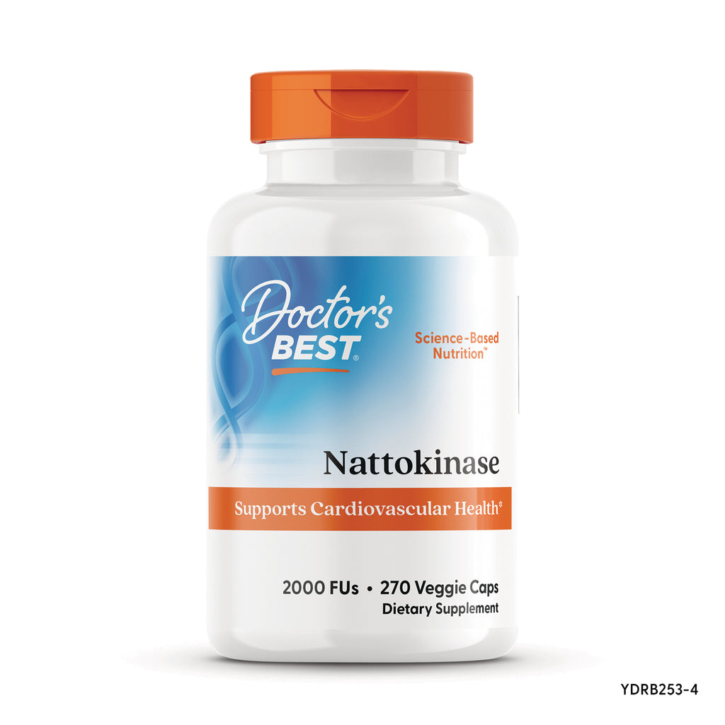 DB174 | Doctor's Best Nattokinase white bottle with orange cap labeled Supports Cardiovascular Health, 2000 FUs, 270 veggie caps - Thumbnail