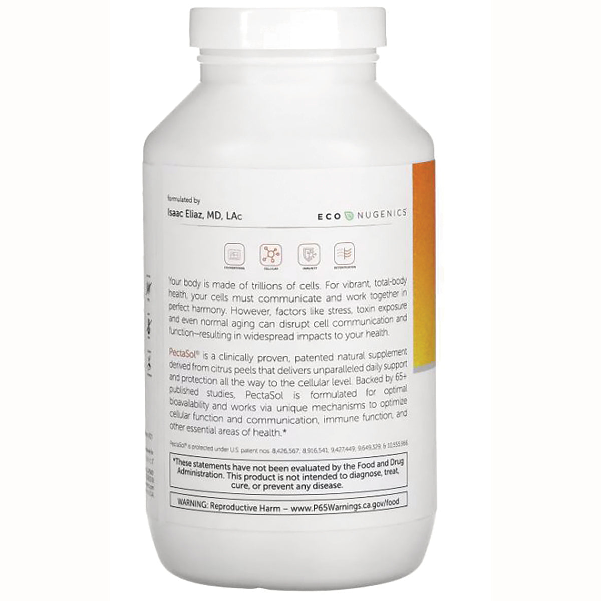 ECN003 | back of white supplement bottle showing ingredient text, warning box, and ECO NUGENICS logo