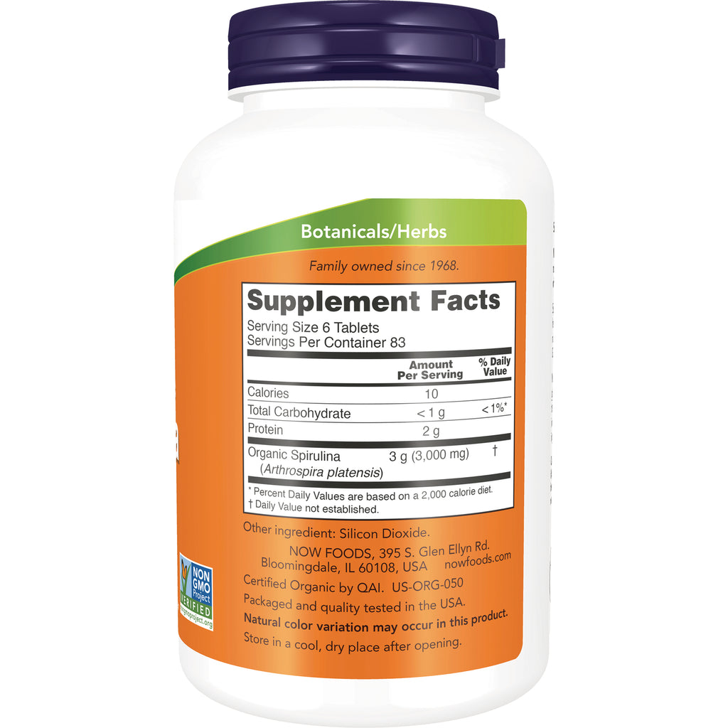 NWF708 | back of white supplement bottle showing Supplement Facts panel for organic spirulina, serving size 6 tablets and ingredient list - Thumbnail