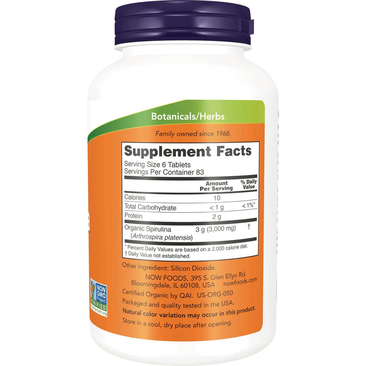 NWF708 | back of white supplement bottle showing Supplement Facts panel for organic spirulina, serving size 6 tablets and ingredient list