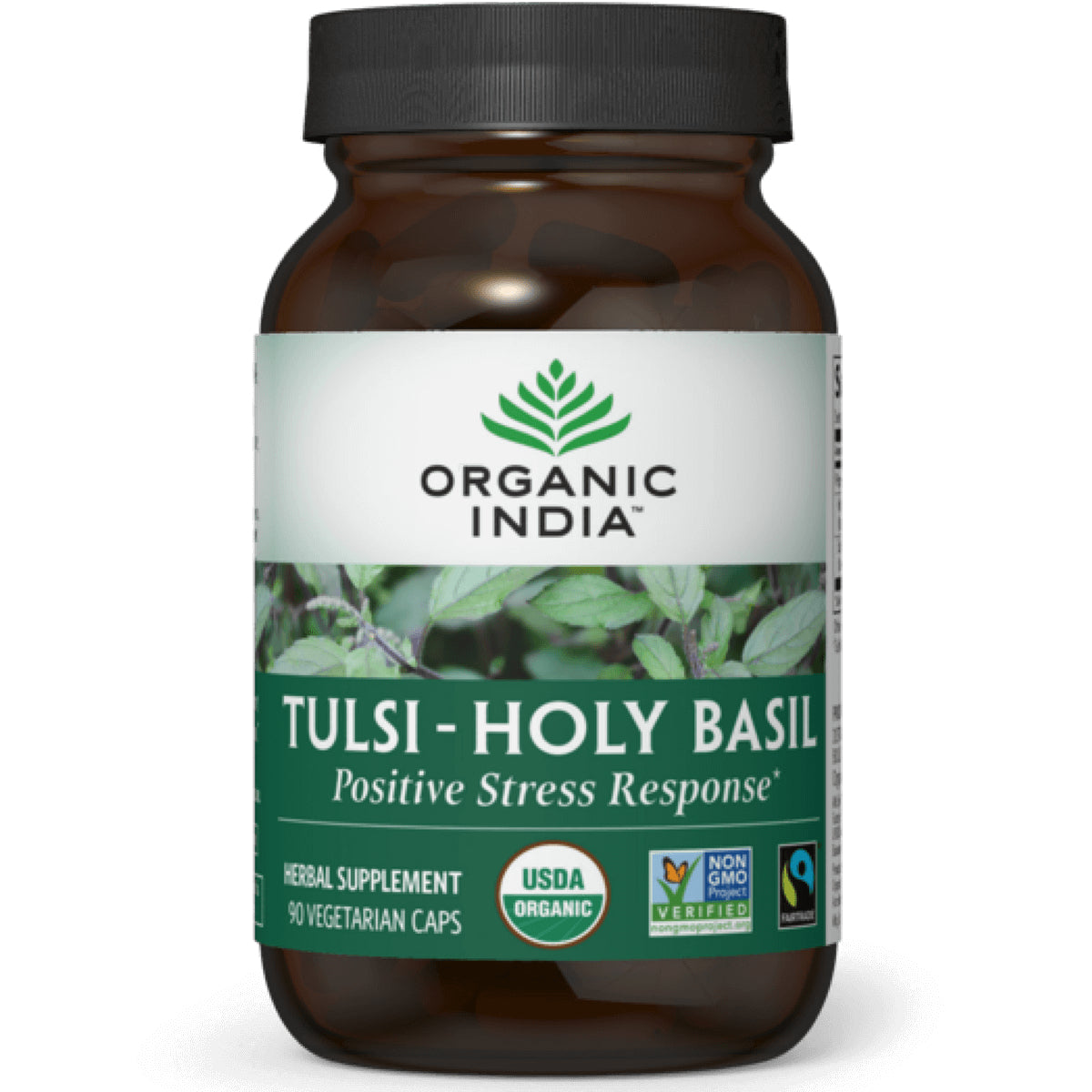 RGN035 | Organic India Tulsi - Holy Basil supplement bottle, label reads Positive Stress Response and shows USDA Organic seal