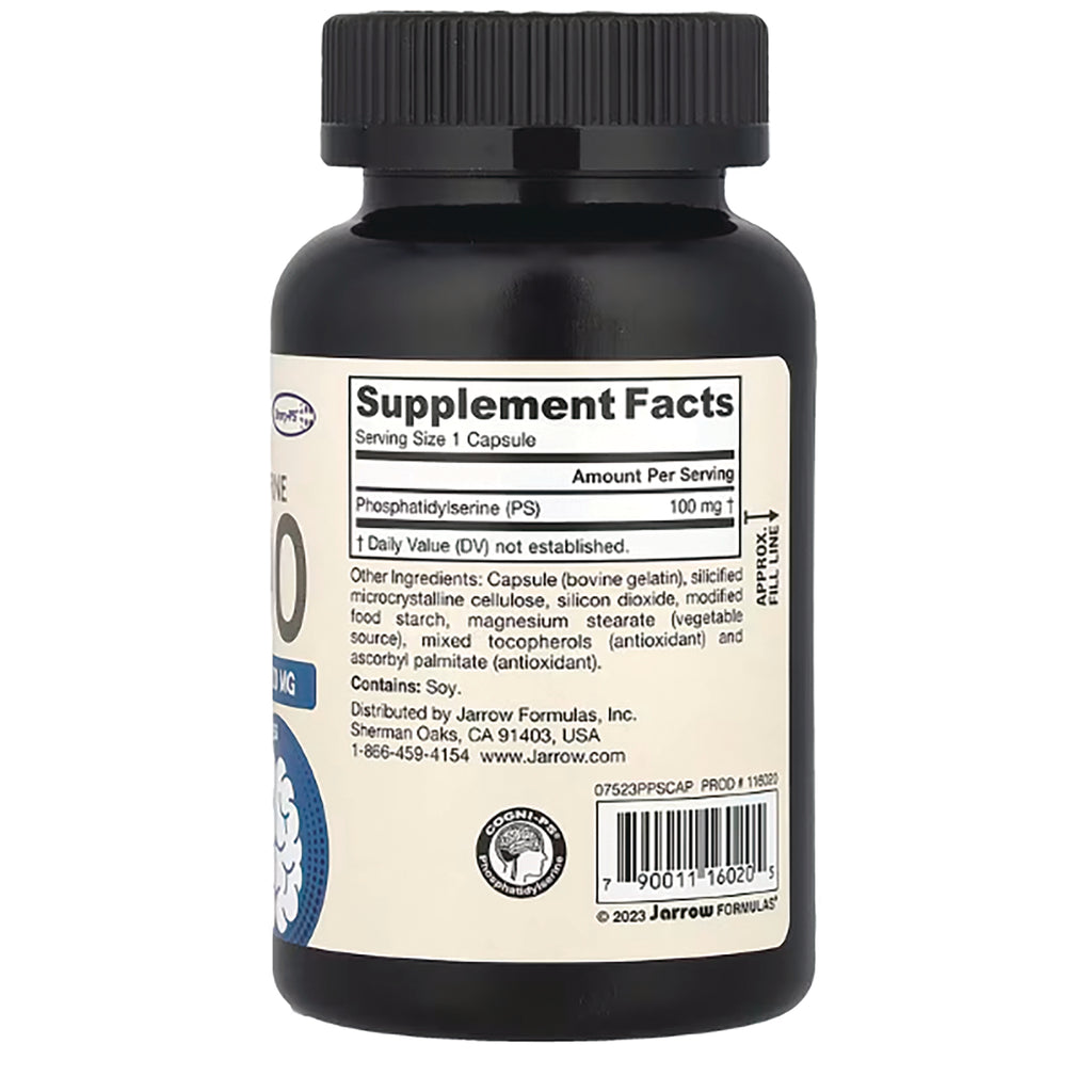 Supplement facts label on black supplement bottle showing serving size 1 capsule and Phosphatidylserine 100 mg - Thumbnail