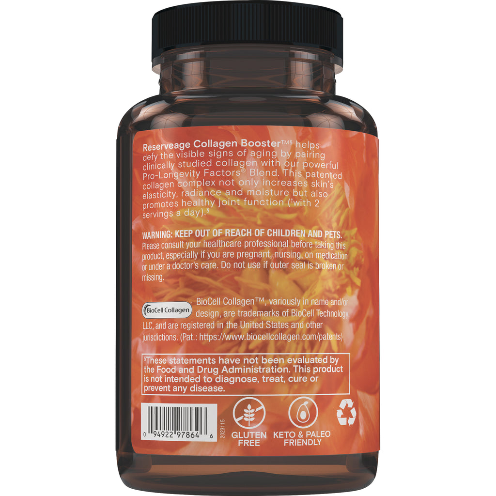 RSA001 | Back label of amber supplement bottle with warnings, ingredient text, barcode and gluten free, keto & paleo icons - Thumbnail