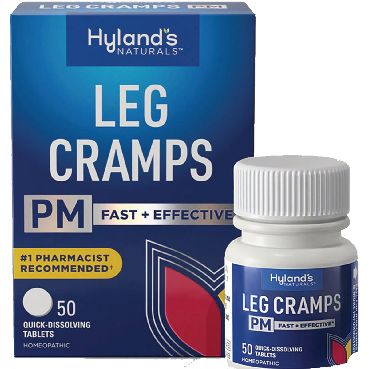 HY122 | Hyland's Naturals Leg Cramps PM box and bottle, 50 quick-dissolving tablets, fast + effective