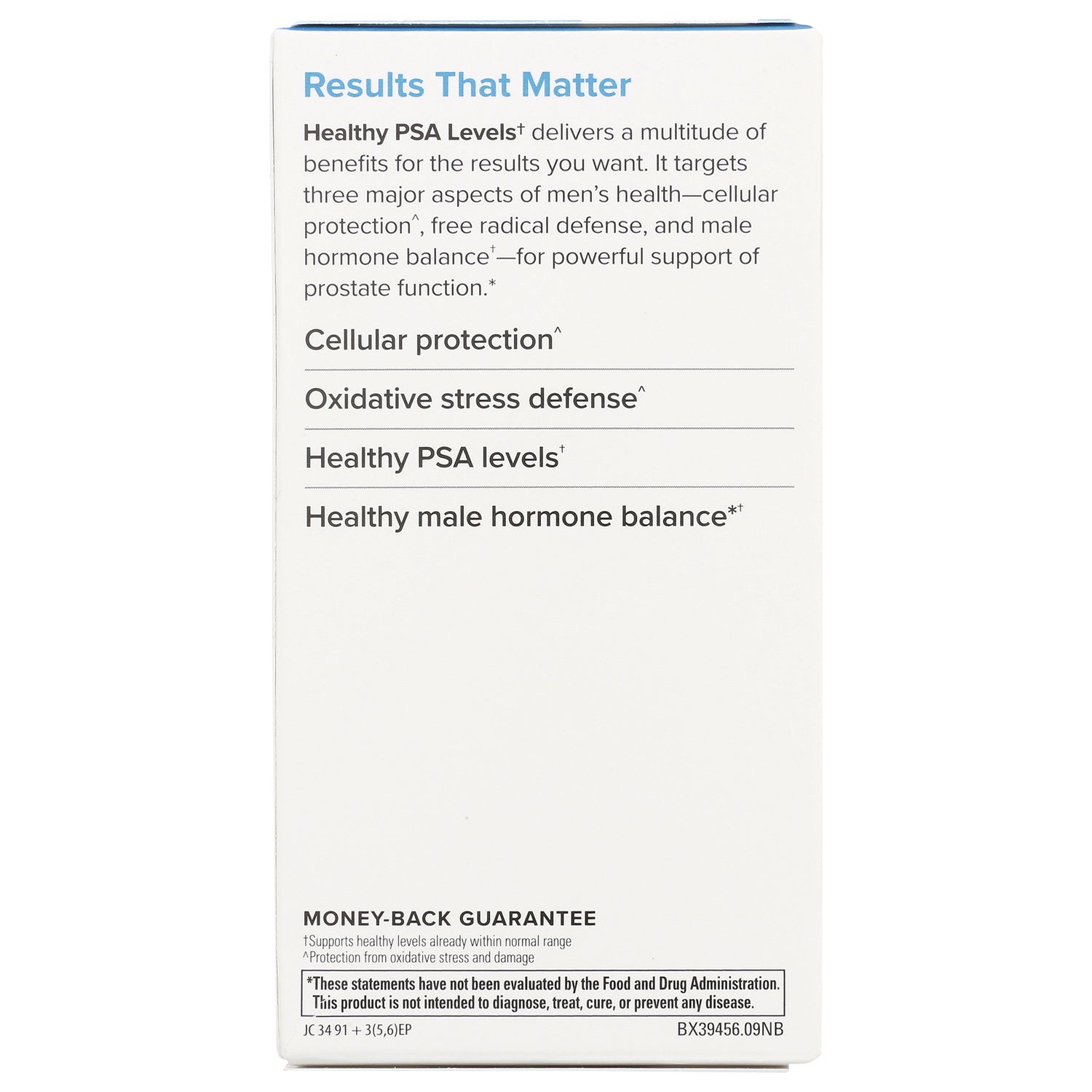EUR043 | product infographic panel titled Results That Matter listing cellular protection, oxidative stress defense, healthy PSA levels and male hormone balance