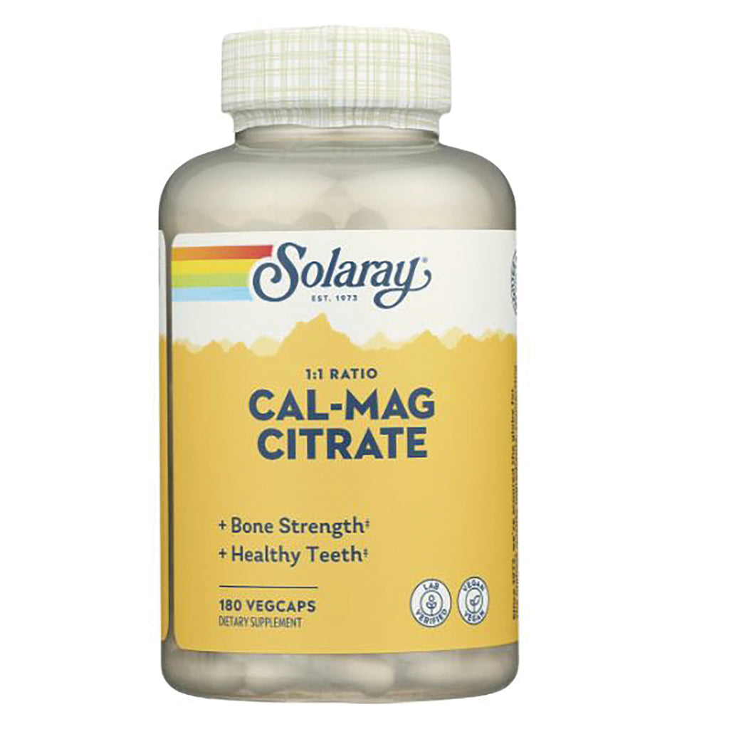 SLR280 | Solaray Cal-Mag Citrate supplement bottle with yellow label reading CAL-MAG CITRATE, 180 vegcaps - Thumbnail