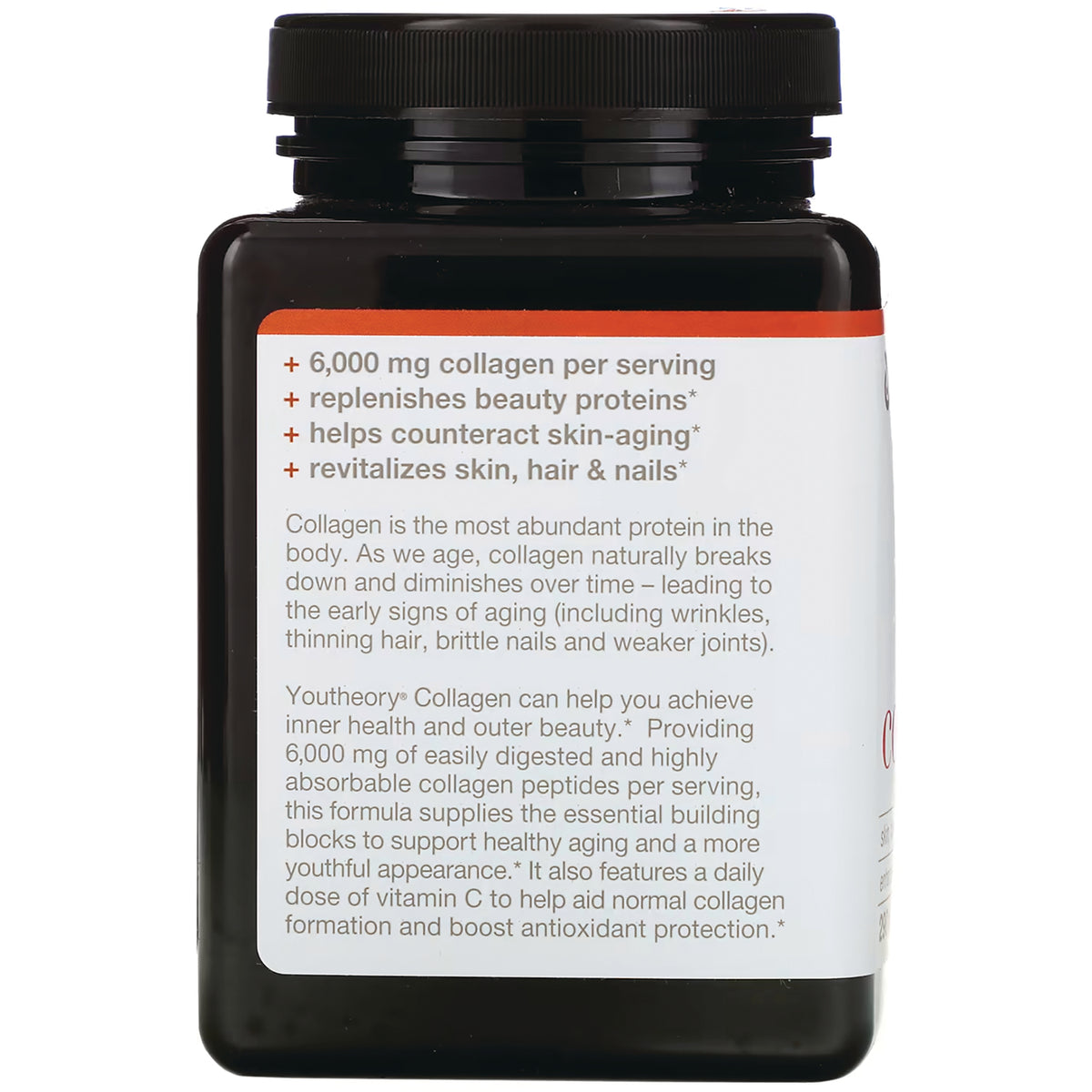 YOU001 | Bottle panel with benefits: 6,000 mg collagen per serving; replenishes beauty proteins; helps counteract skin aging