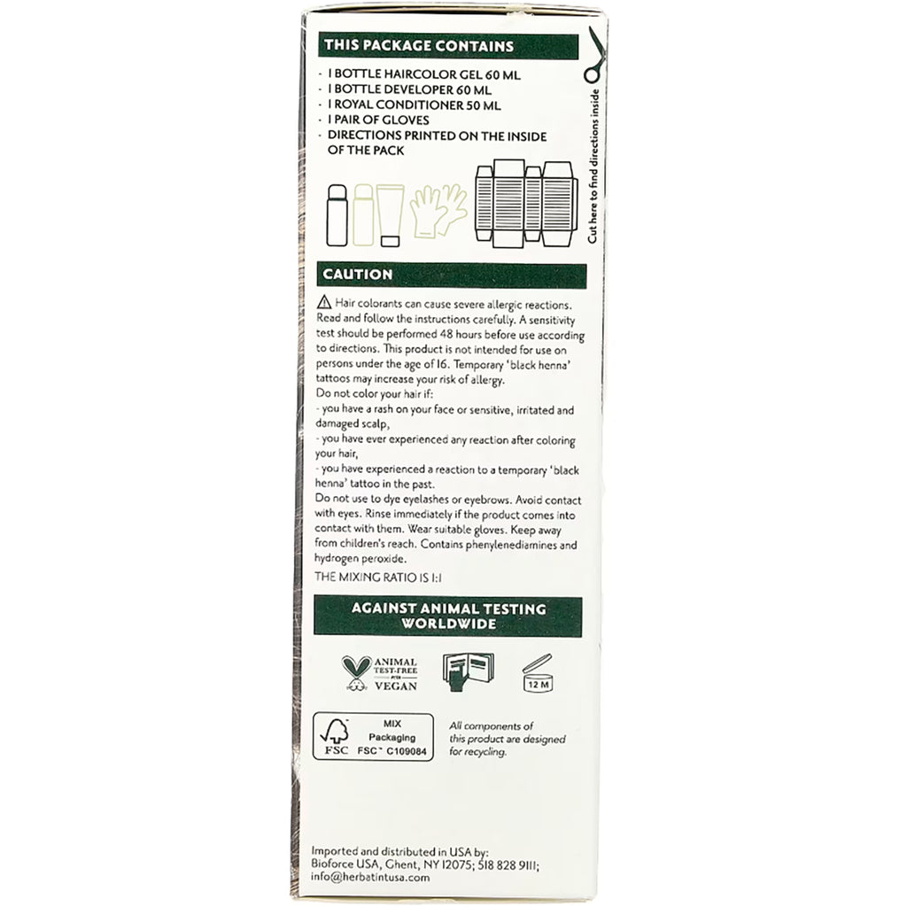 HBT006 | Back of hair color box showing package contents list, caution text, and vegan and recycling icons - Thumbnail
