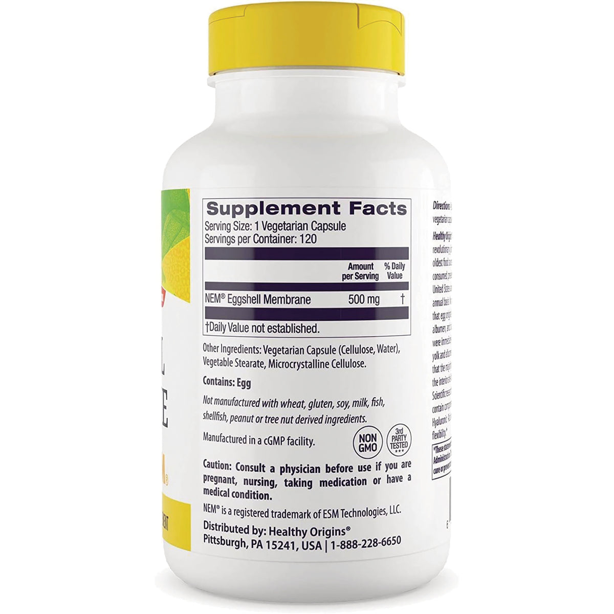 HRG102 | Back of white supplement bottle with yellow cap showing Supplement Facts panel, ingredient list and caution text