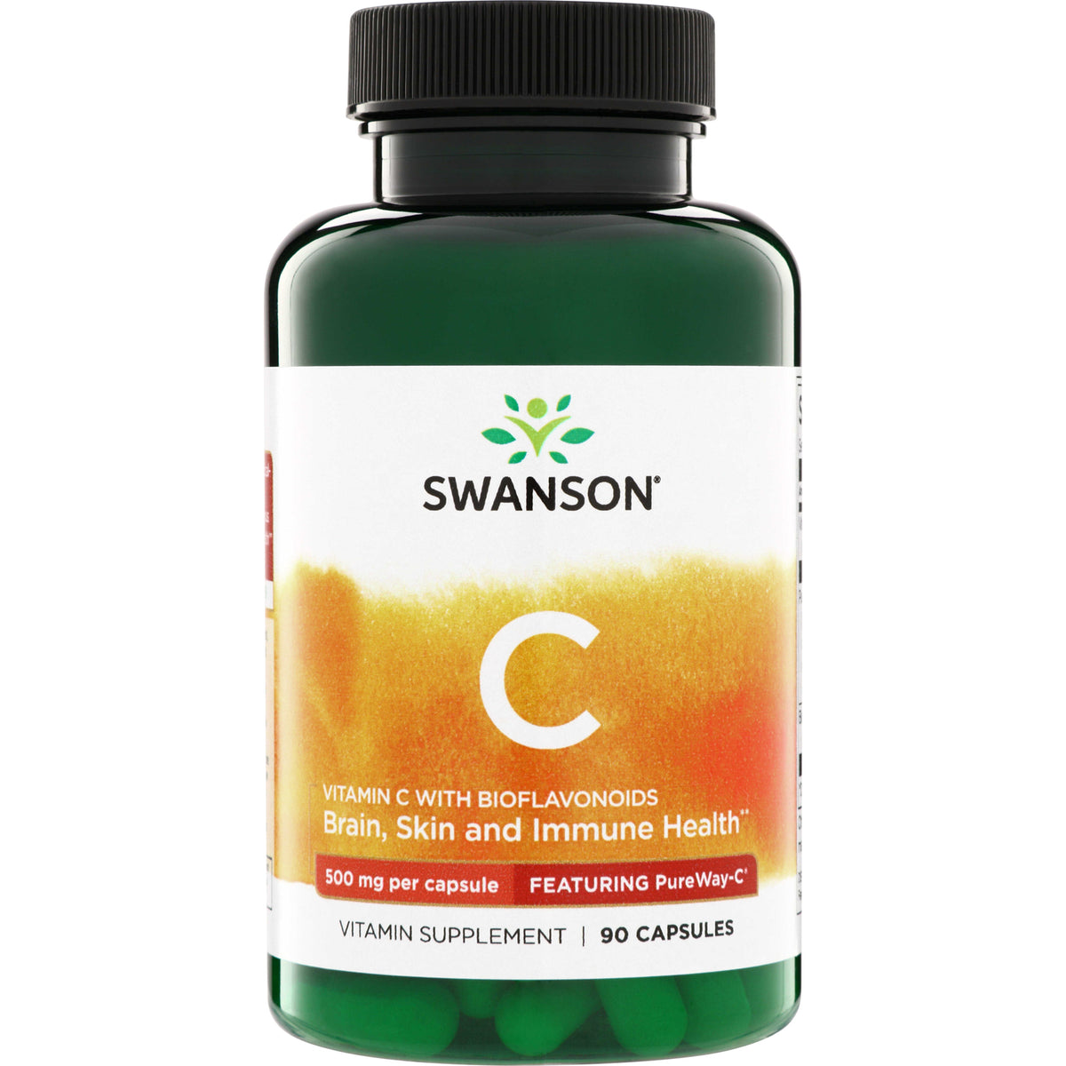 SWU407 | Swanson Vitamin C with Bioflavonoids, featuring PureWay-C, 500 mg per capsule, 90 capsules, front of bottle