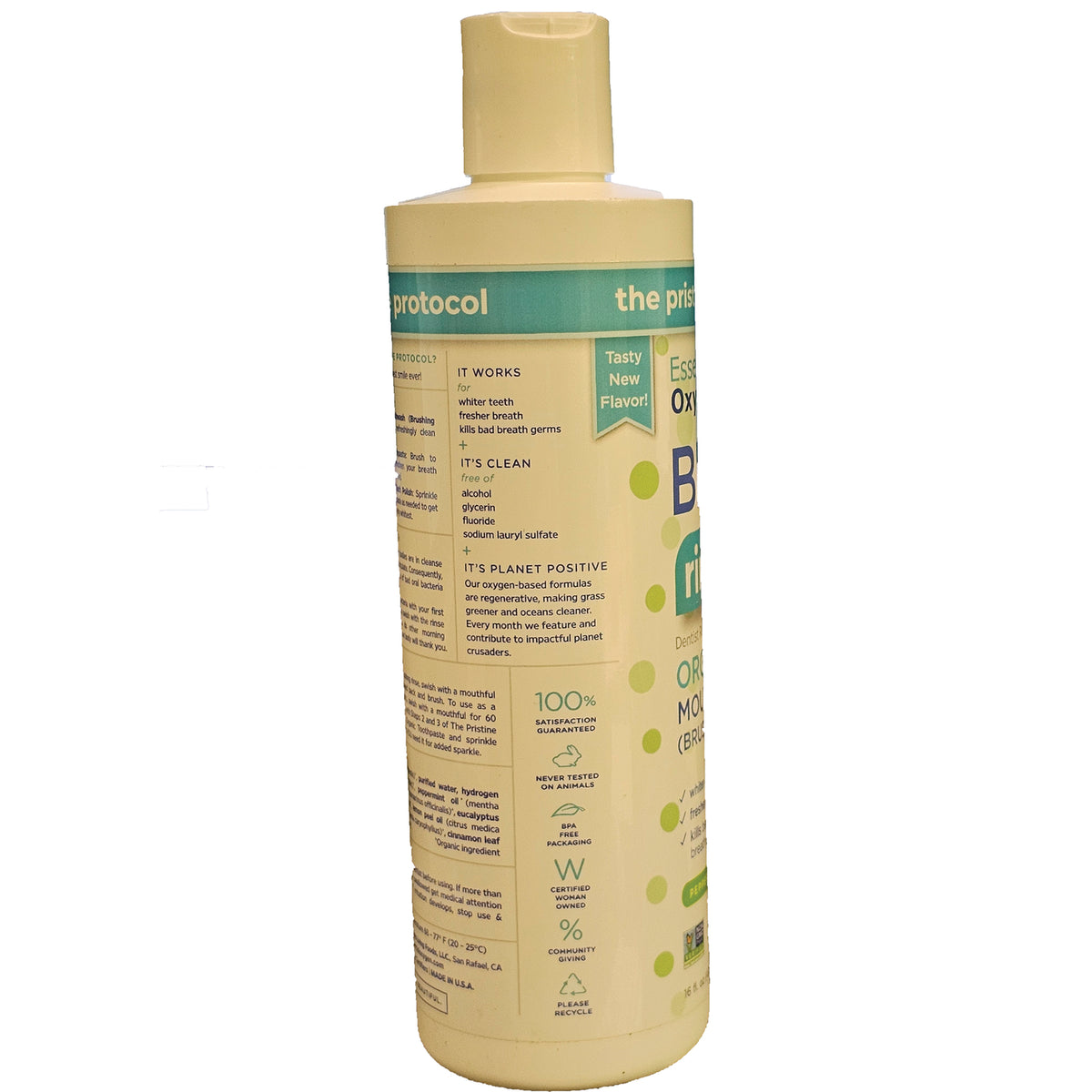 EOX006 | Back label of beige mouthwash bottle showing ingredients, usage directions, benefits, and certification icons