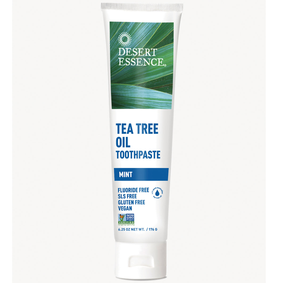 DST027 | Desert Essence Tea Tree Oil Toothpaste mint tube, front label showing fluoride free, SLS free, gluten free, vegan