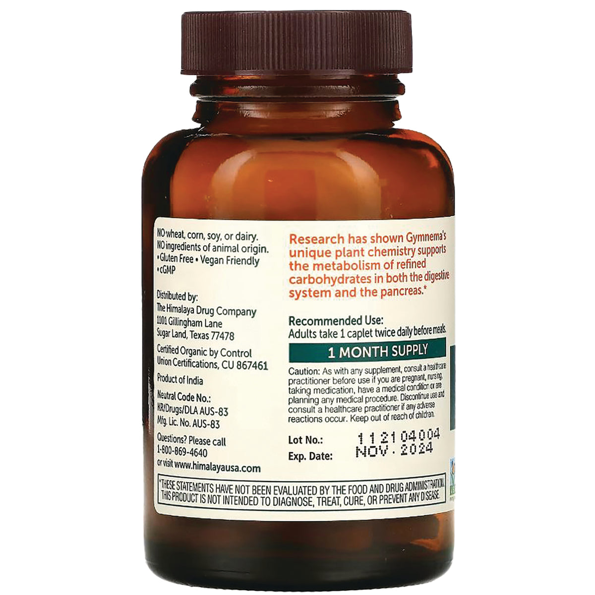HHH010 | Back label of amber supplement bottle showing recommended use, 1 MONTH SUPPLY, lot and expiration information