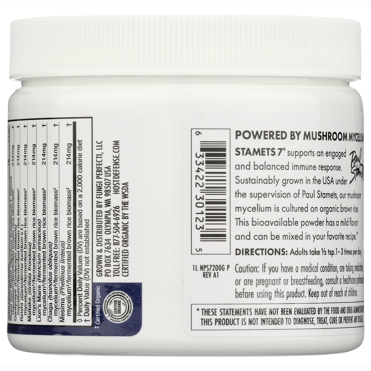 FUN048 | Back label of white supplement jar showing barcode, supplement facts panel and directions, Powered by Mushroom Mycelium text
