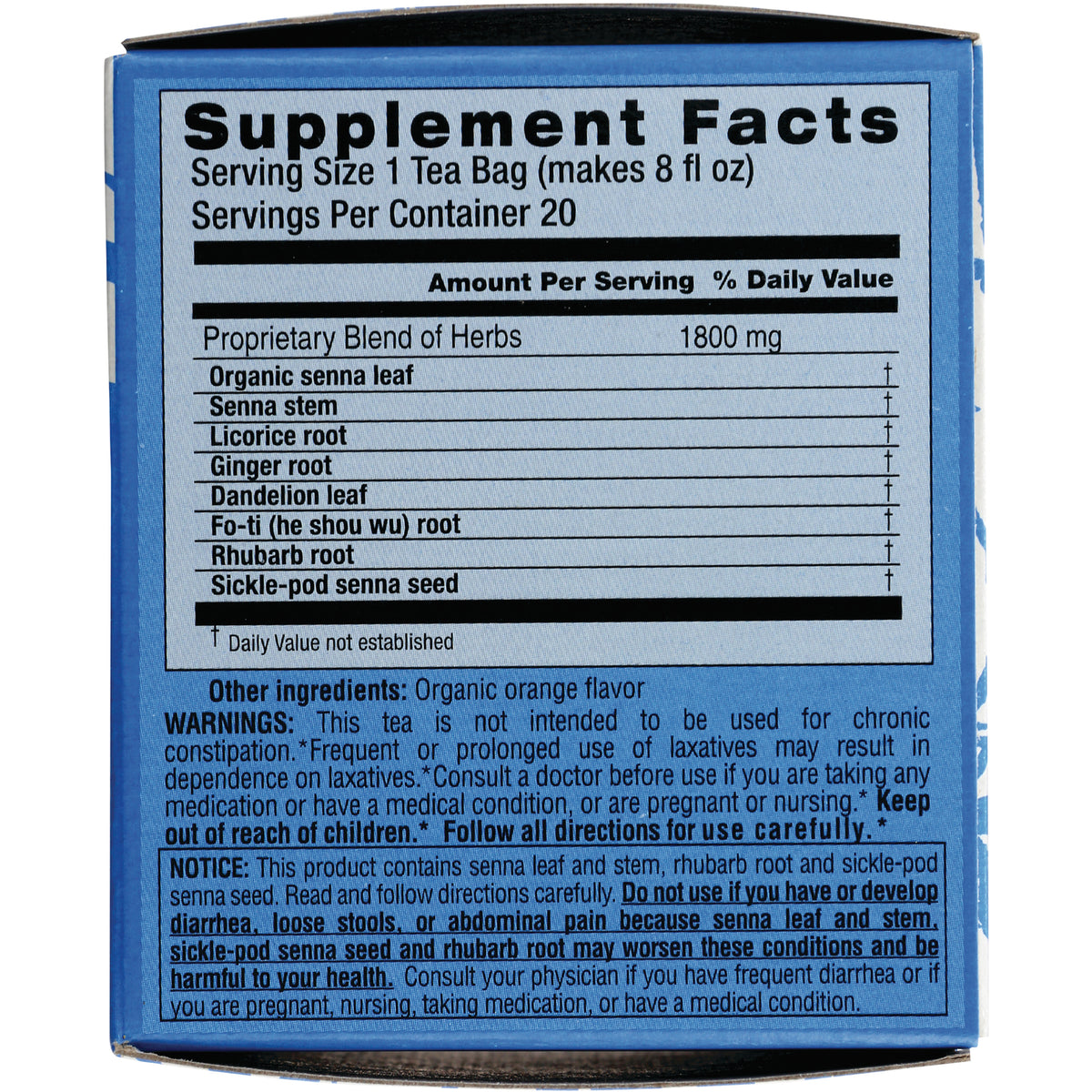 TLT004 | Back panel with Supplement Facts: Proprietary Blend of Herbs 1800 mg and senna warnings