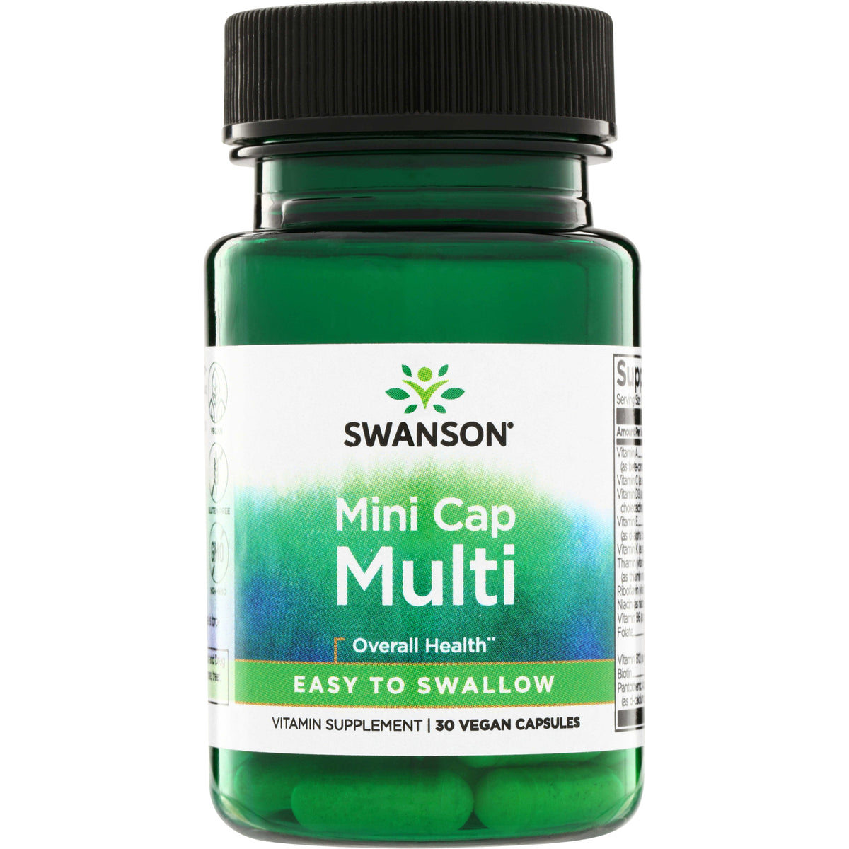 SW1621 | Swanson Mini Cap Multi vitamin supplement, Easy to Swallow, 30 vegan capsules