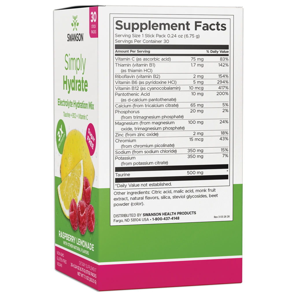 SW1934 | Supplement Facts panel for Swanson Simply Hydrate electrolyte hydration mix, Raspberry Lemonade - Thumbnail