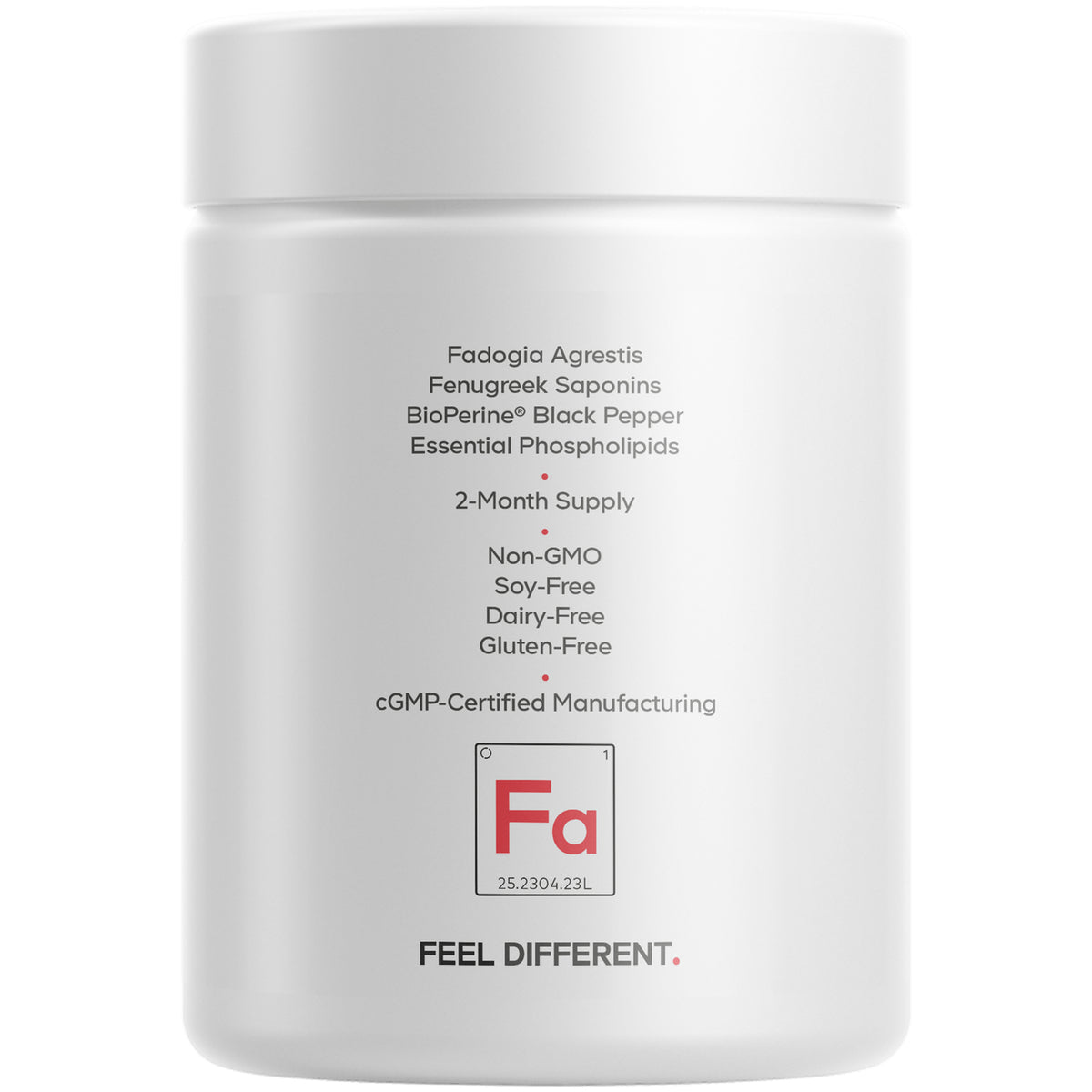 CDG057 | back label of white supplement jar listing Fadogia Agrestis and claims Non-GMO, soy-free, dairy-free, gluten-free
