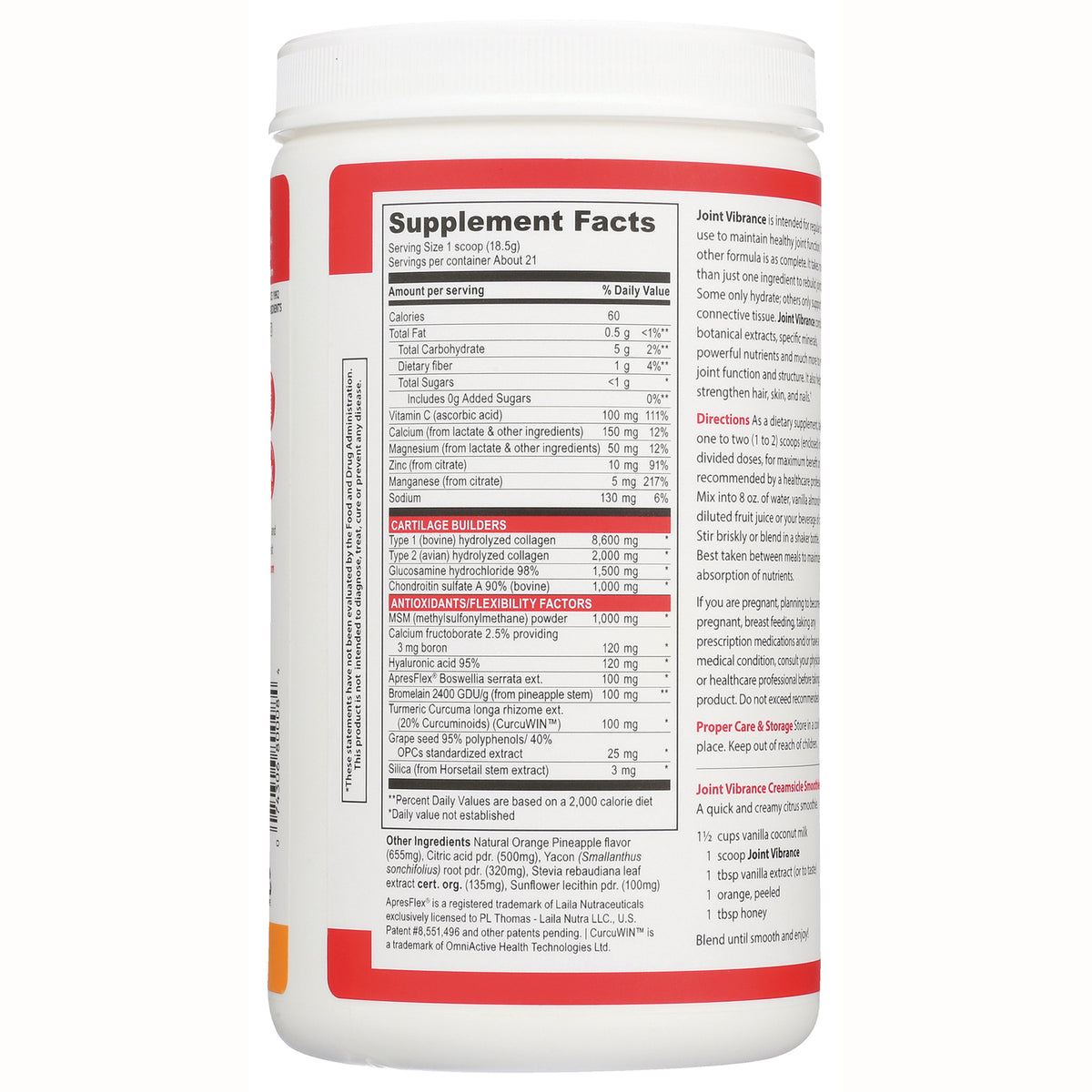 VH009 | Supplement Facts, ingredients, and directions on back label of Joint Vibrance powder container