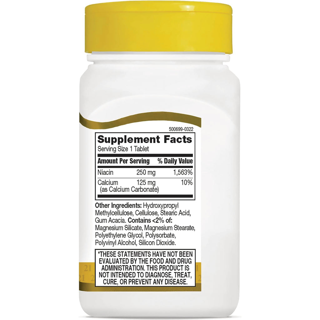 CNT108 | back of white supplement bottle with yellow cap showing Supplement Facts label listing Niacin 250 mg and Calcium 125 mg - Thumbnail