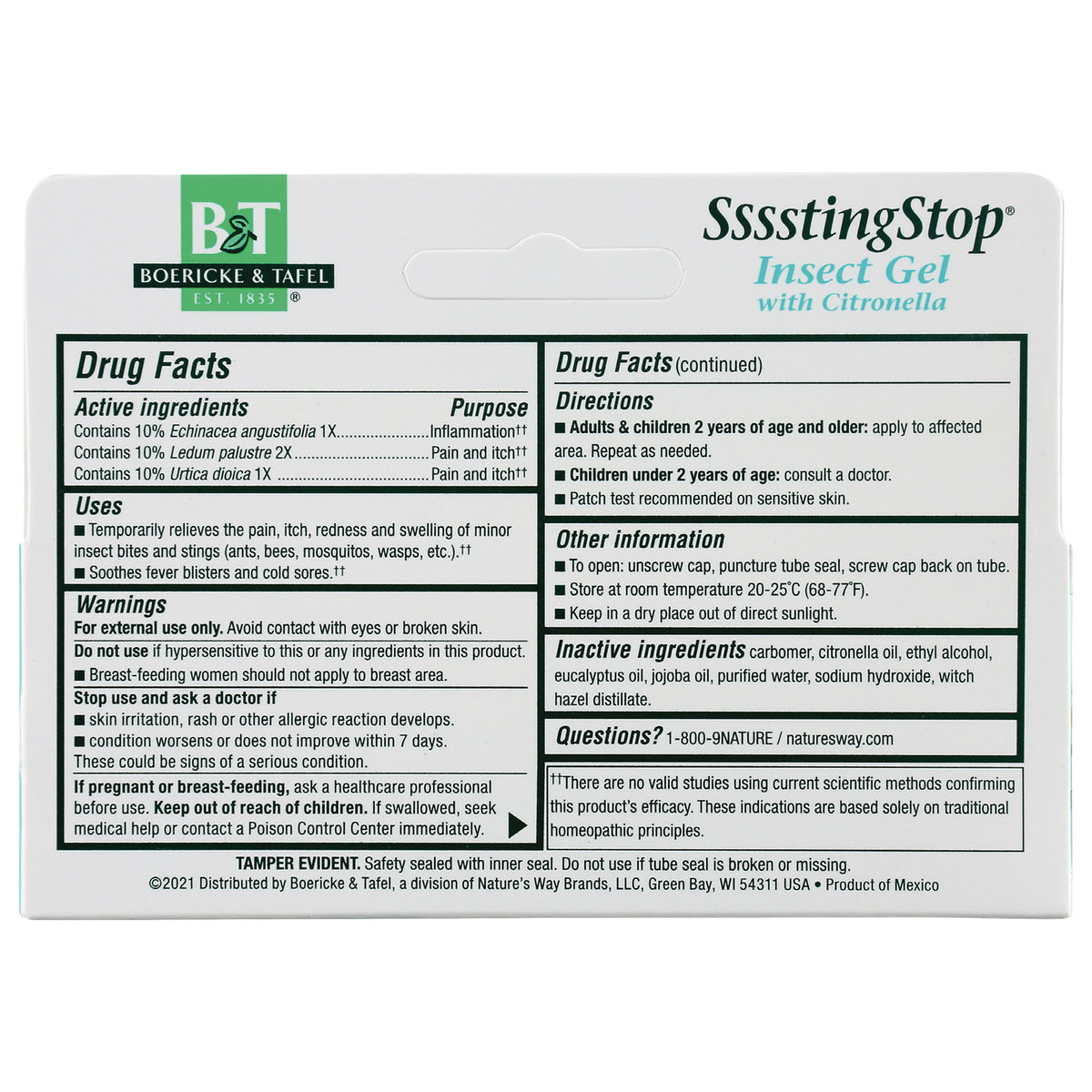 BRK016 | Back panel showing Drug Facts, uses, warnings, directions and inactive ingredients on SssstingStop Insect Gel packaging
