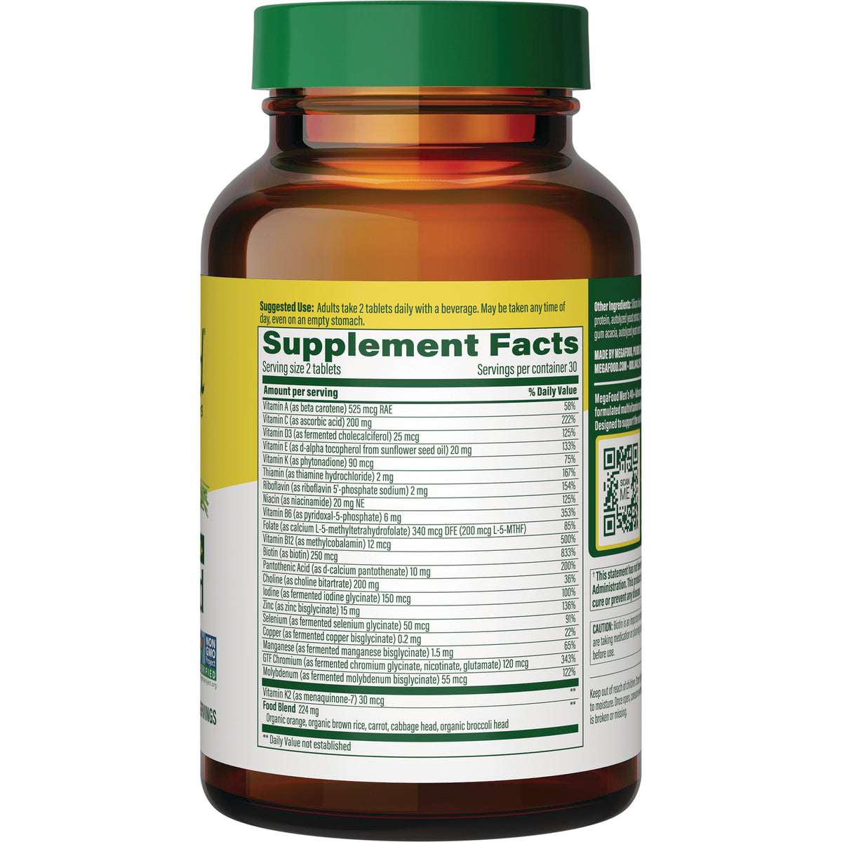 MGF067 | back of amber supplement bottle showing Supplement Facts nutrition label and QR code