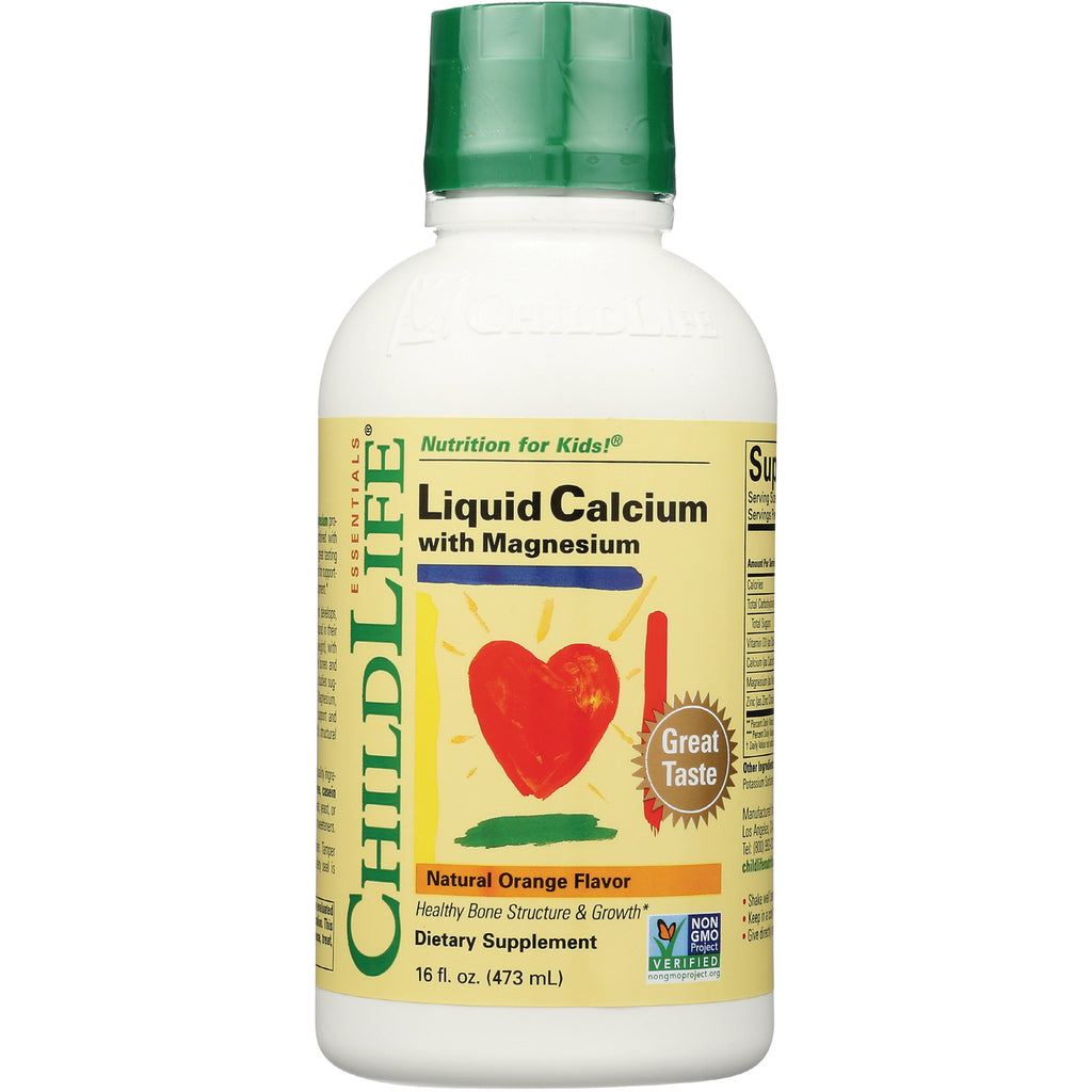 CHL001 | ChildLife Liquid Calcium with Magnesium 16 fl oz bottle, natural orange flavor front label with red heart illustration - Thumbnail