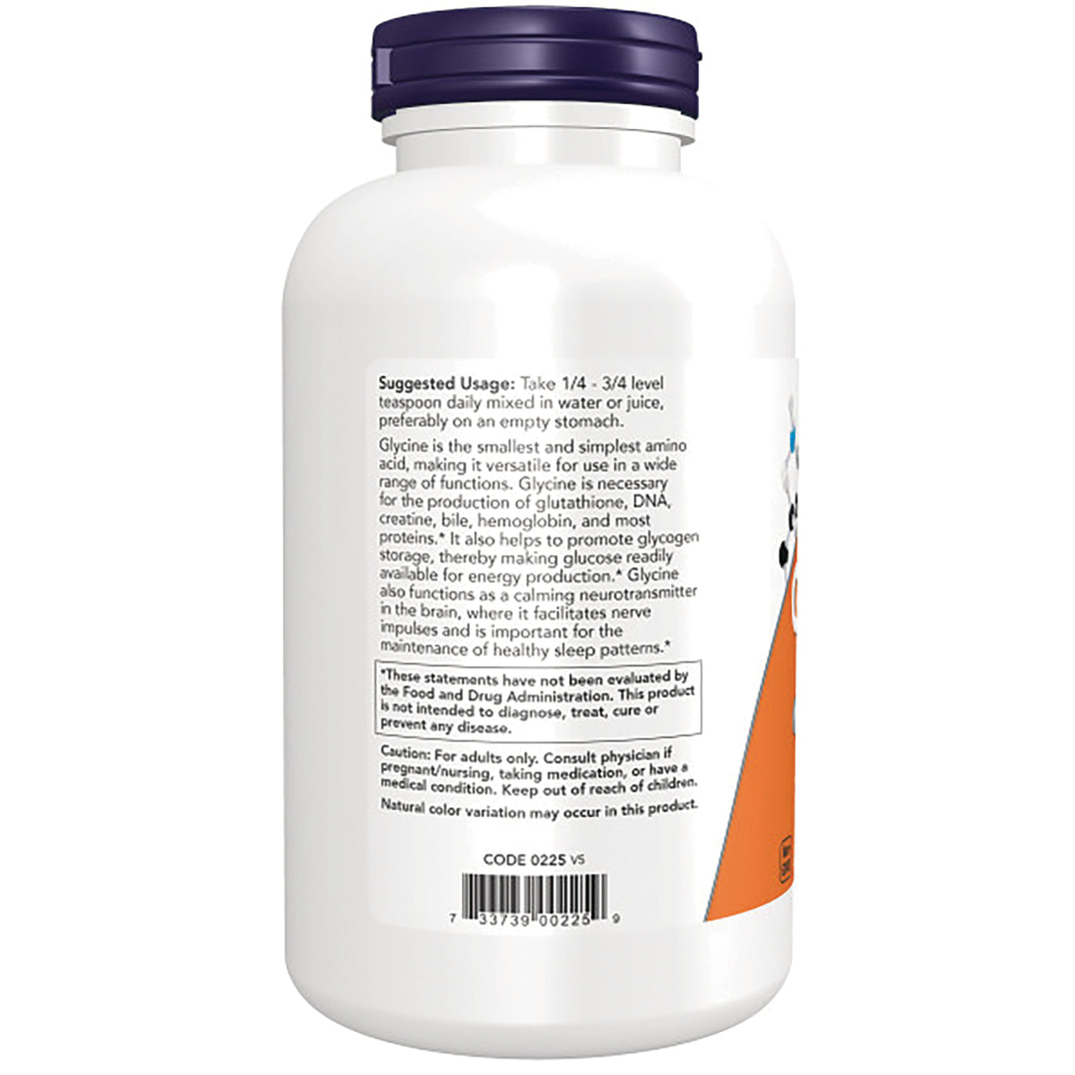 NWF195 | Back of white supplement bottle showing suggested usage text, caution statement and barcode