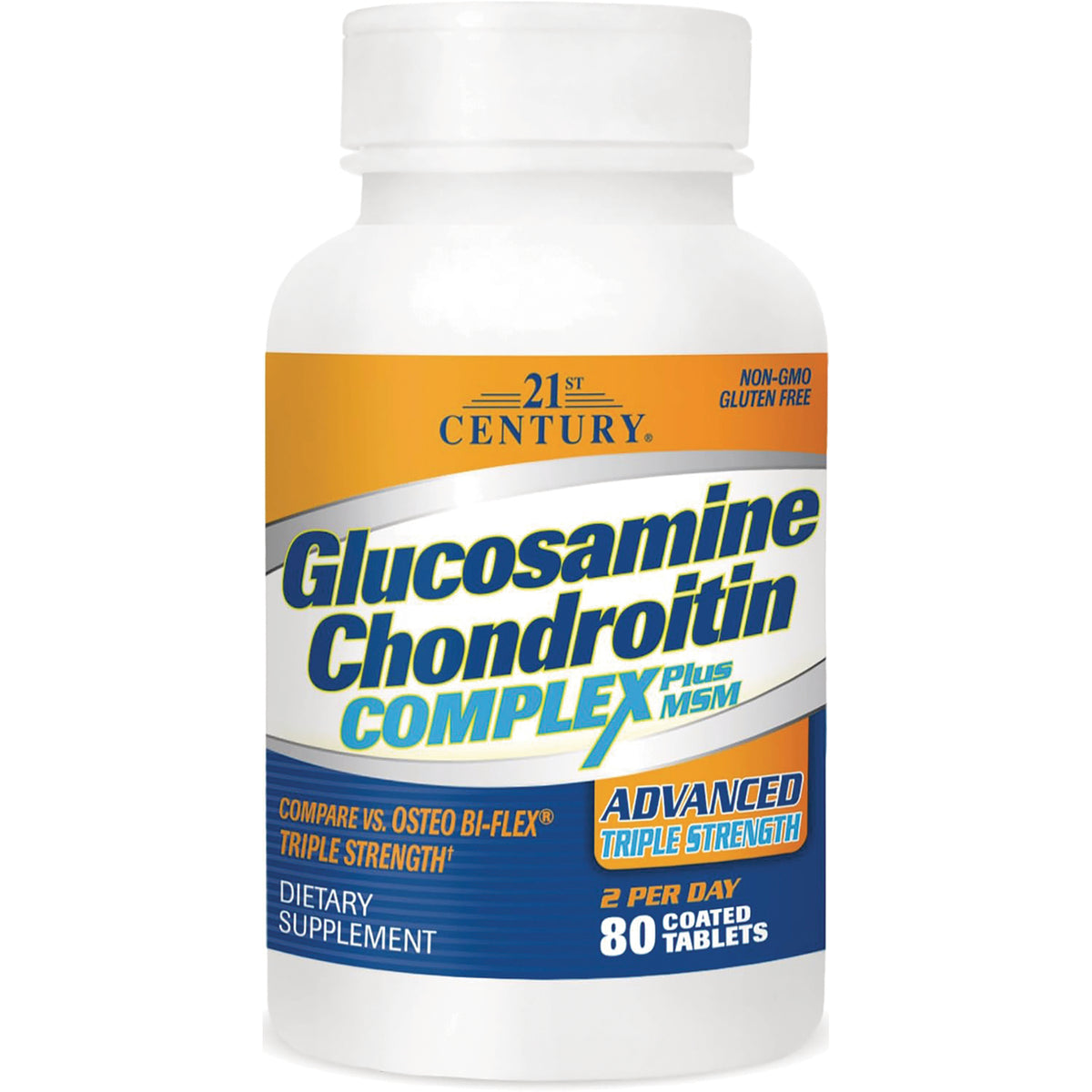 CNT200 | White bottle of 21st Century Glucosamine Chondroitin Complex plus MSM, 80 coated tablets, advanced triple strength