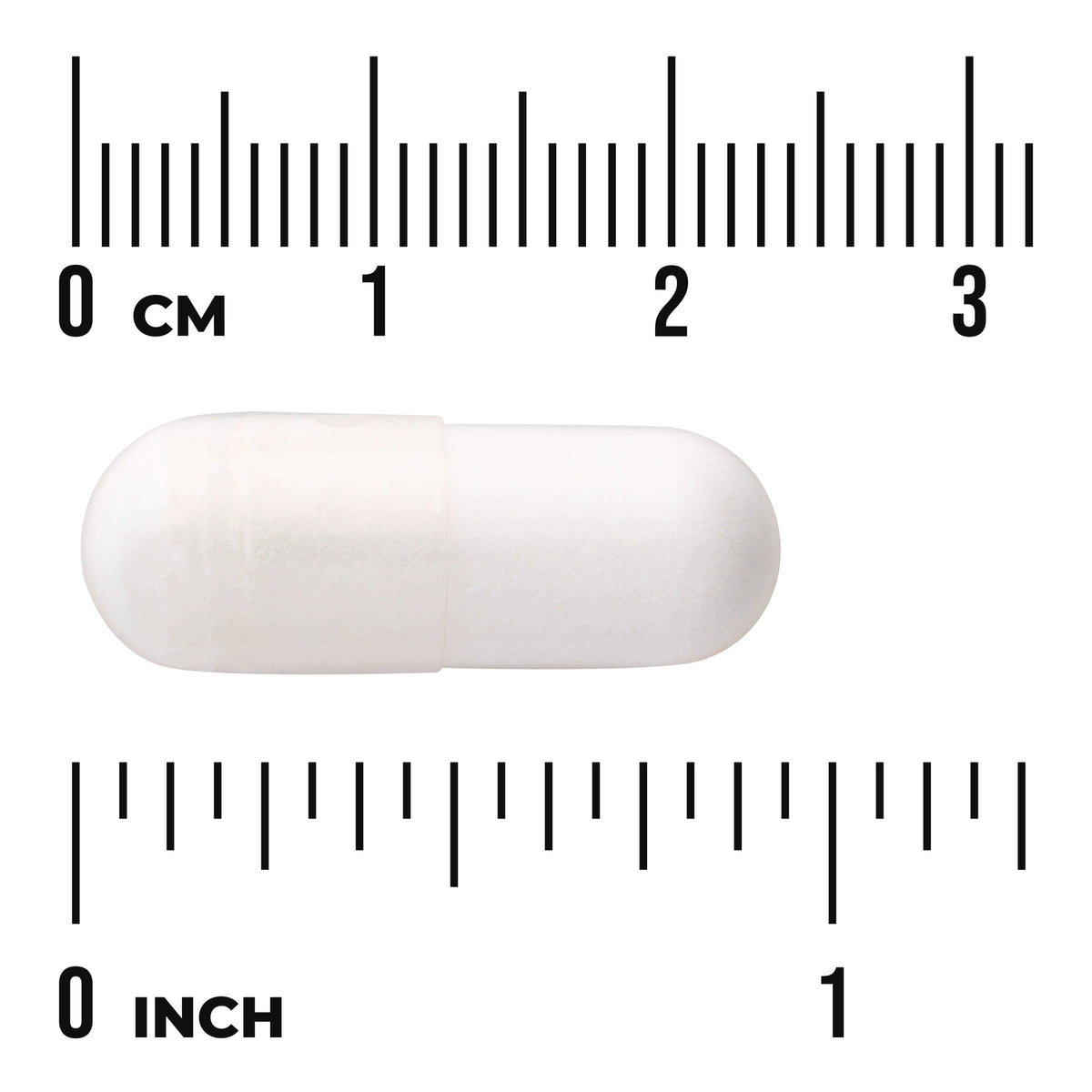 SWU1035 | White capsule shown with cm and inch rulers for size reference