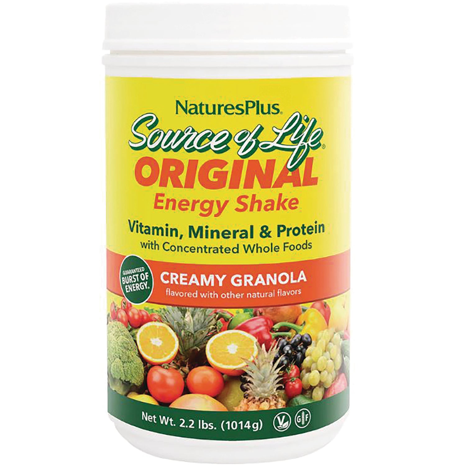NTP030 | NaturesPlus Source of Life Original Energy Shake creamy granola tub front label, 2.2 lbs