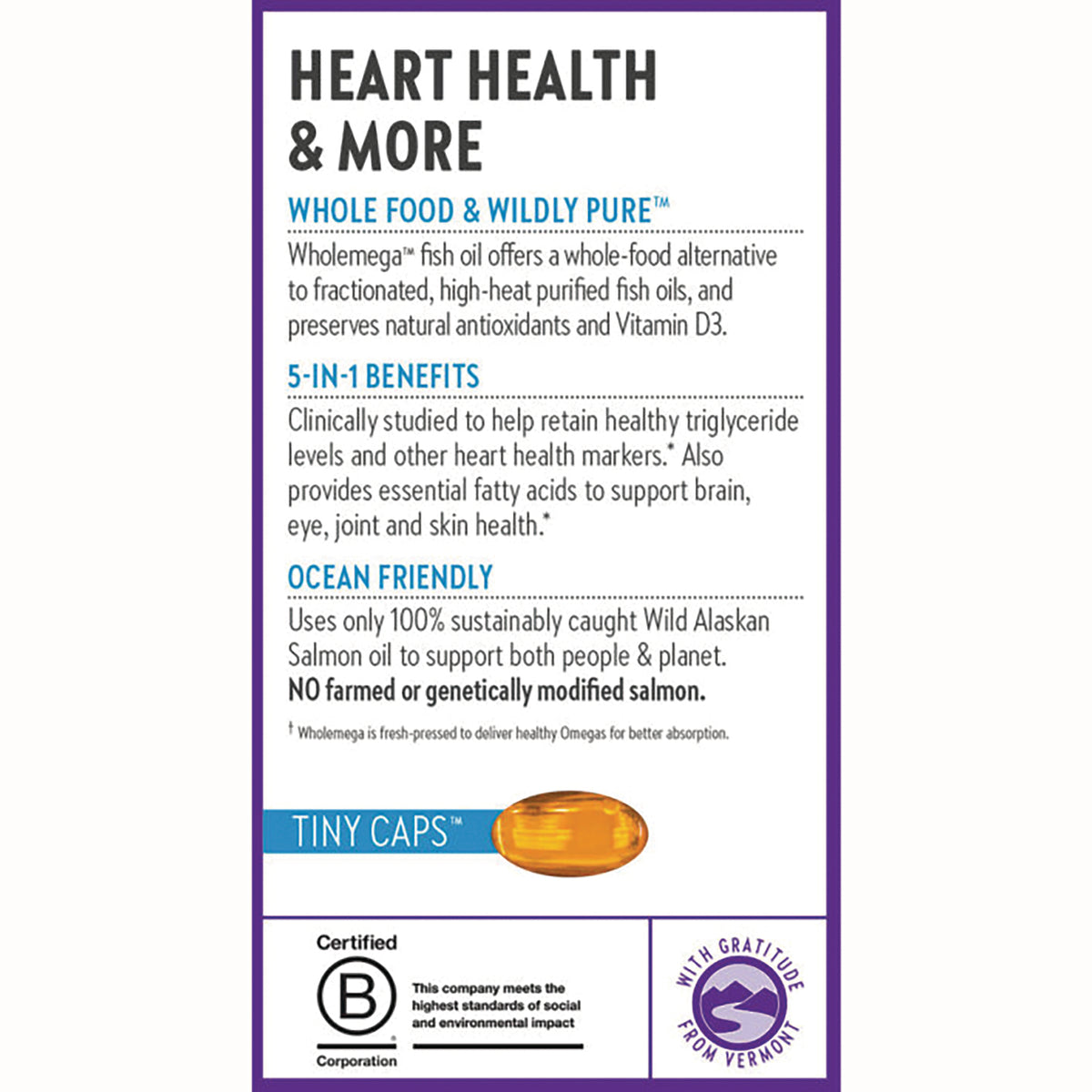 NWC317 | product infographic listing heart health benefits, 5-in-1 benefits, ocean friendly sourcing, and tiny caps softgel