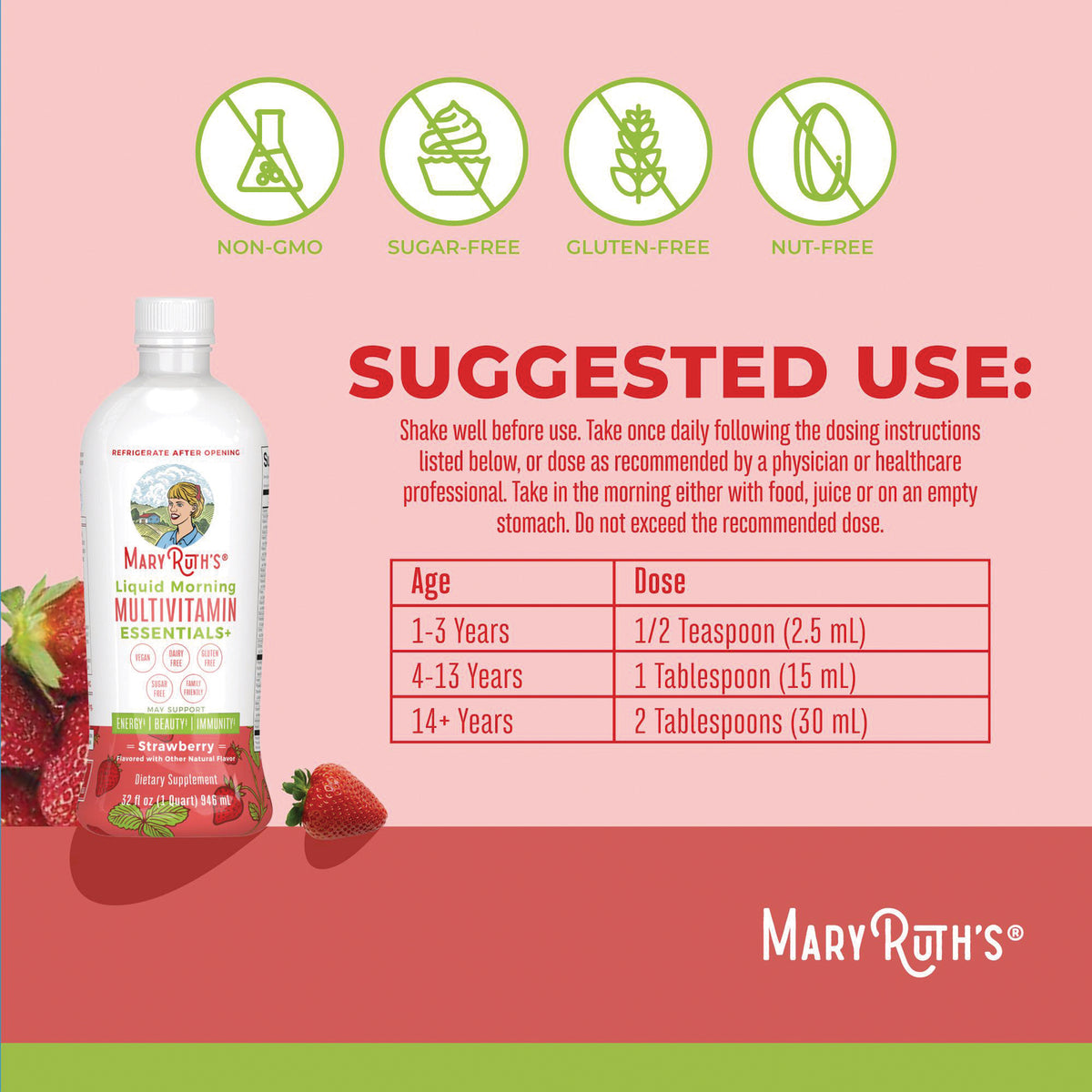 MRR025 | back label showing suggested use dosing chart, non-GMO sugar-free gluten-free icons and strawberry multivitamin bottle