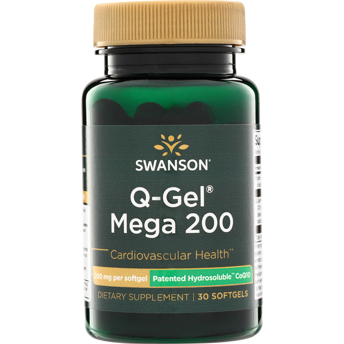 SWU512 | Swanson Q-Gel Mega 200 with Patented Hydrosoluble CoQ10, bottle front; 200 mg per softgel, 30 softgels