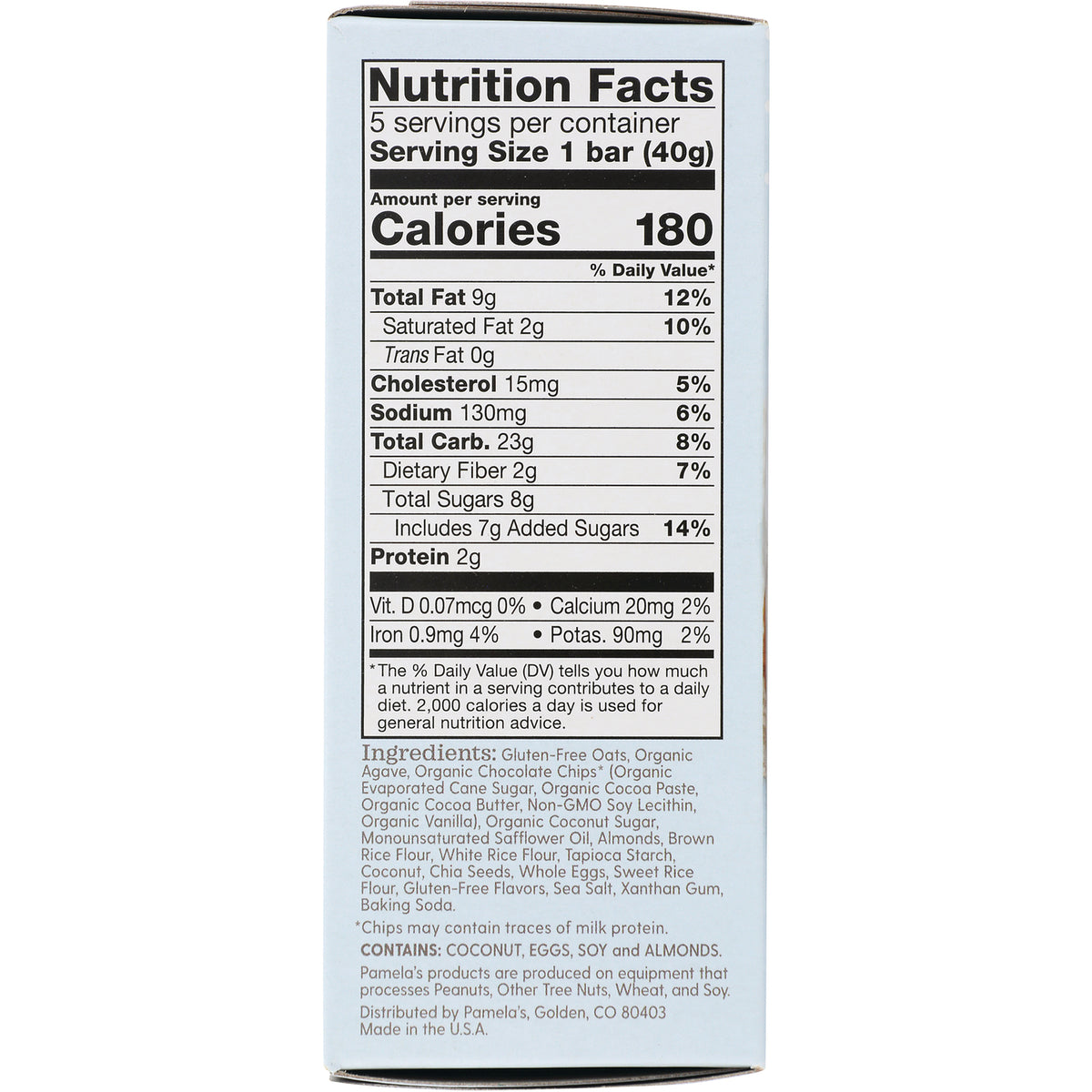 PAM012 | nutrition facts panel showing Serving Size 1 bar, Calories 180, Total Fat 9g and ingredients list