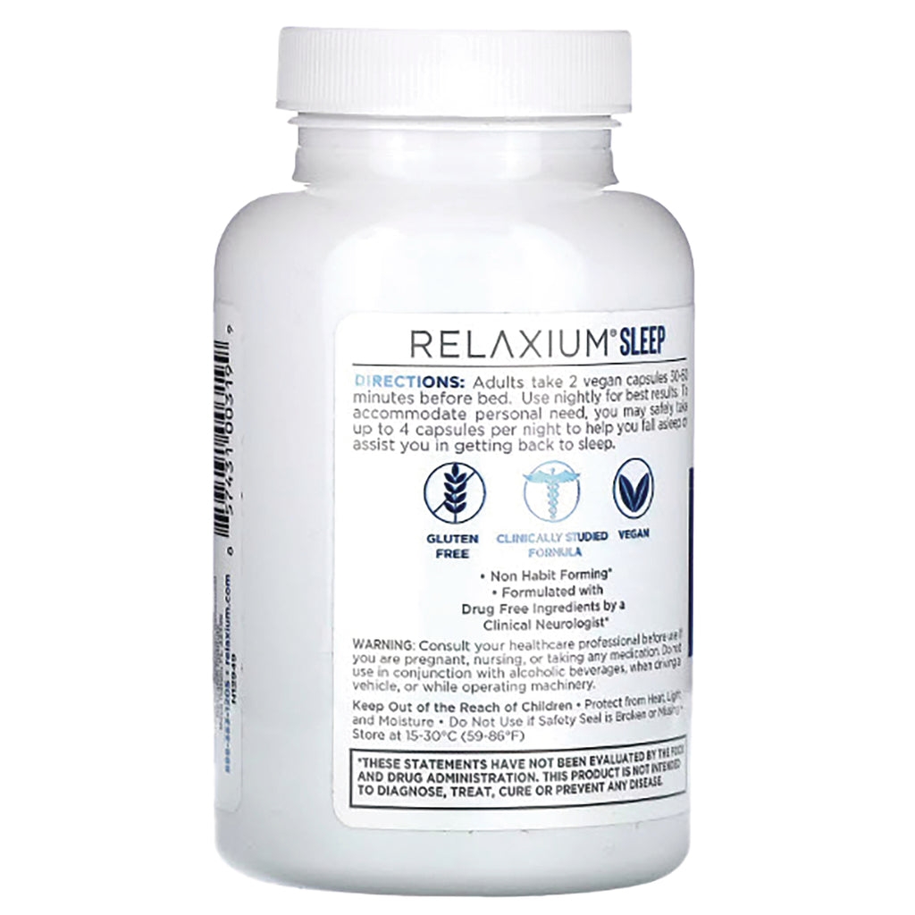 REL001 | Back of white Relaxium Sleep supplement bottle showing directions, gluten free and vegan icons, and warning text - Thumbnail
