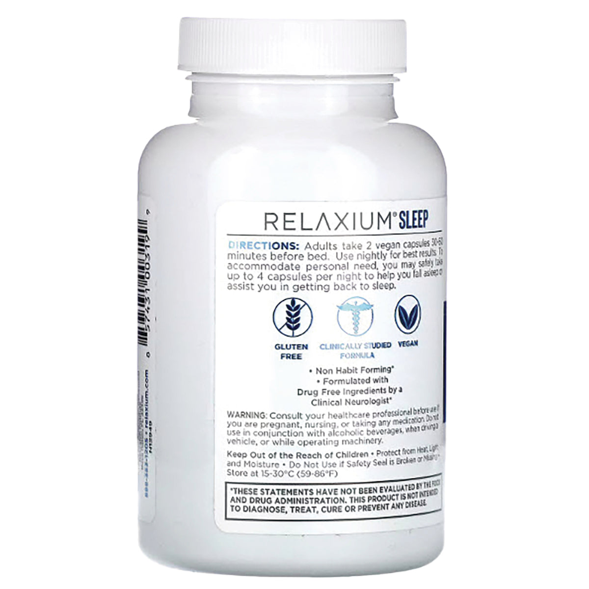 REL001 | Back of white Relaxium Sleep supplement bottle showing directions, gluten free and vegan icons, and warning text